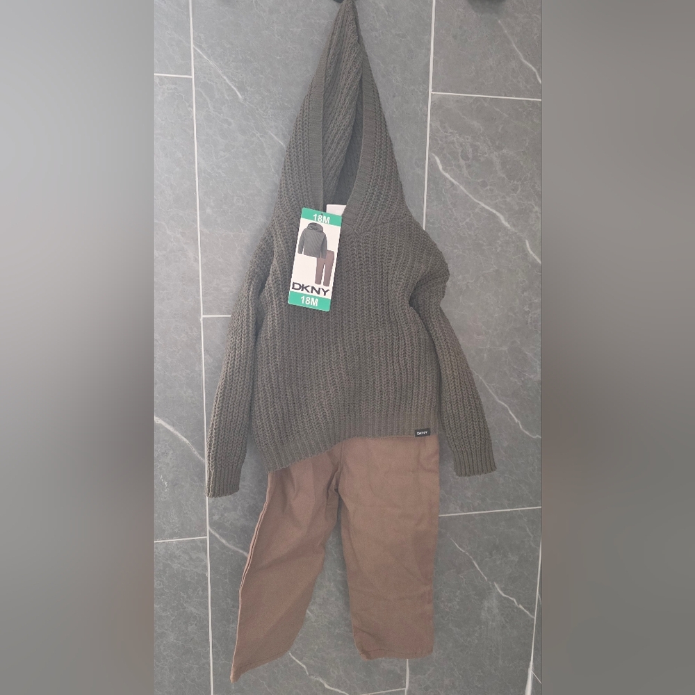 NWT DKNY 2-Piece Green Cable Knit Hoodie & Brown Pant Set 18 Months